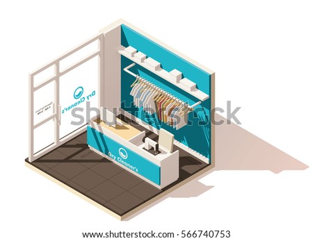 Vector isometric low poly commercial laundry cutaway icon. Includes drycleaners interior, help desk and stand with clean laundry