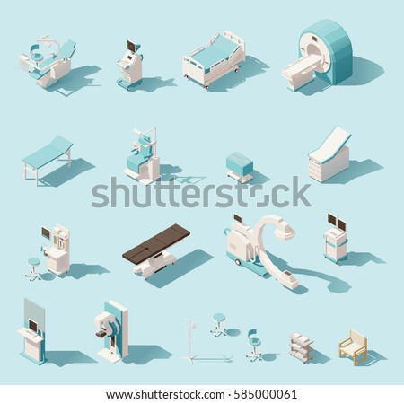 Vector isometric low poly medical equipment set. Includes hospital bed, MRI, x-ray scanner, ultrasound scanner, dental chair etc