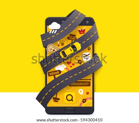 Vector taxi mobile app icon Includes smartphone with yellow taxicab and the road on the screen