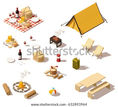 Vector isometric low poly picnic and camping equipment set