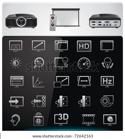 Vector video projector features and specifications icon set