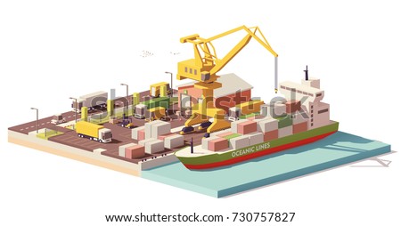 Vector low poly cargo port container terminal with crane, container ship and warehouse