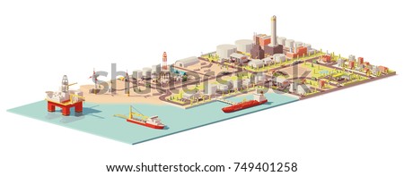 Vector low poly oil extraction, processing, consumption infographic. Includes offshore oilrig, tanker and port, land oil rig, refinery plant, factory, gas station and city