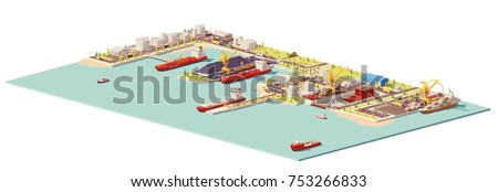 Vector low poly commercial sea port. Includes oil, coal, LNG, container terminals, dry dock, ships and industrial infrastructure elements