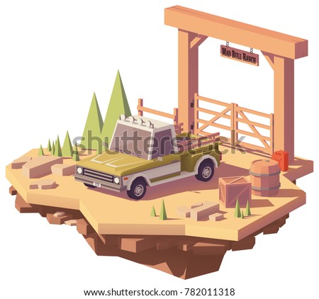 Vector Low Poly Pickup Truck Near The Ranch Or Farm Gate