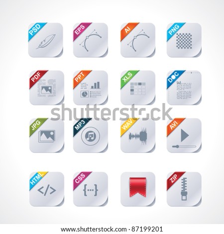 Simple vector square file types and formats labels icon set