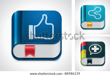 Vector social media sharing icon set. Blue book with thumbs up hand palm, black book with plus symbol 