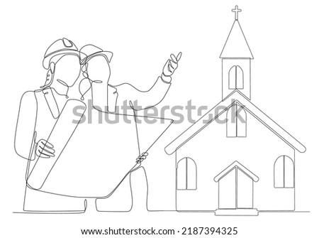 
continuous line female architect building church vector illustration