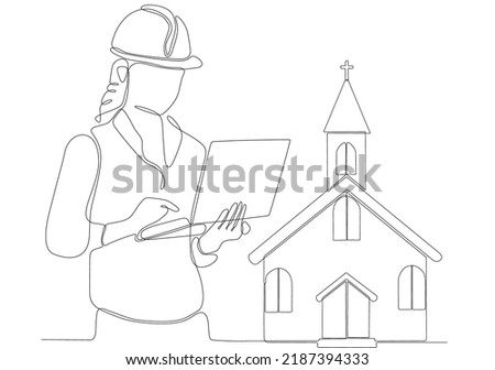 
continuous line female architect building church vector illustration