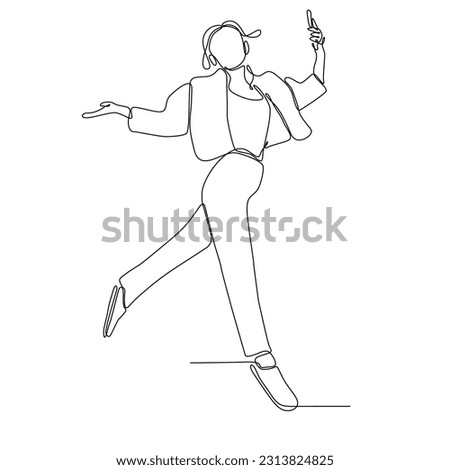 Continuous line drawing. Happy beautiful young woman holding mobile phone vector illustration