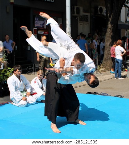 NIS, SERBIA - JUNE 6: Street presentation of aikido on closed down street on 6th June, 2015 in Serbia.
