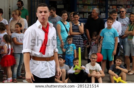NIS, SERBIA - JUNE 6: Street performer on closed down street in Nis on 6th June, 2015 in Serbia.