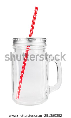 Mason jar with red paper straw isolated on white background.