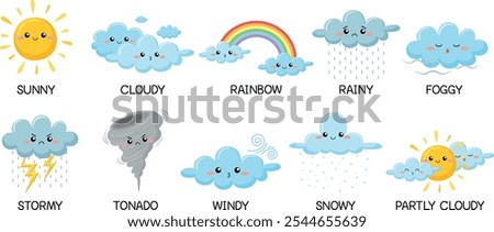 Cute weather vector set for kids. Learning weather, forecast vocabulary for children with funny sun, rainbow, cloud character. Cloudy, sunny, windy, rainy, snowy, stormy. Cartoon vector illustration. 