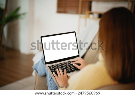 Similar – Image, Stock Photo Woman with laptop and headphones on bed