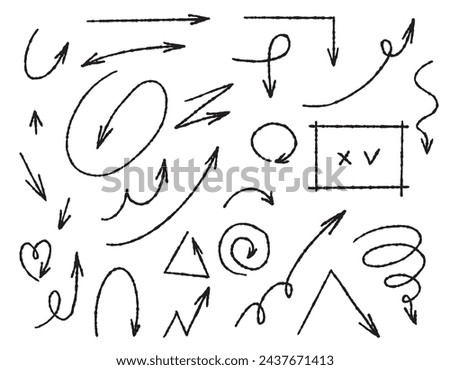 A large set of chalked arrows and frames. Various curved arrows, curls, crosses, circles and ticks are made by hand. Black charcoal drawn symbols for drawn diagrams. Vector doodle marker drawing.