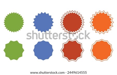 Set of vector stars, sunburst icons without outline and with outline, sharp corners. Colored on white. Simple vintage flat style labels, stickers. Design elements. 