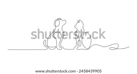 Cute dog and cat looking at each other, pet online continuous hand drawn vector objects. Cute pets one line art. Vector illustration