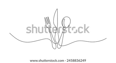 Set in continuous line drawing style of spoon, fork, steak knife line art decorative healthy food. Vector graphics.