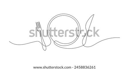 Line drawing of a fork, knife, and plate. A continuous one-line sketch of cutlery and kitchen utensils. Hand-drawn tableware illustration for a restaurant logo or menu cover in linear style art 