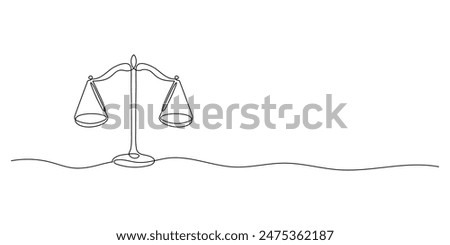 Line drawing of the balance of law and the scale of justice. Sign of equality and balance concept and company logo in simple linear style. Doodle vector illustration