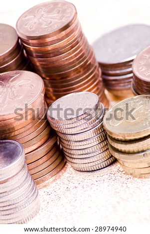 Various piles of silver and copper coins