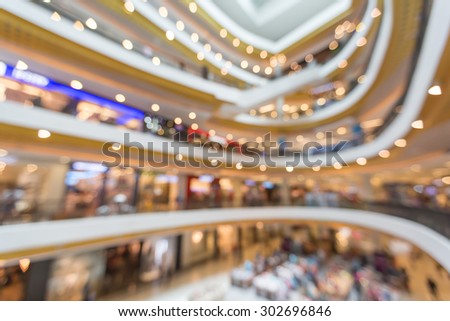 Blurred interior of shopping center and clothes shop for special offers background