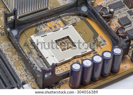 Close up old CPU Processor socket with mainboard background