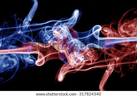 Abstract red blue smoke swirls over background