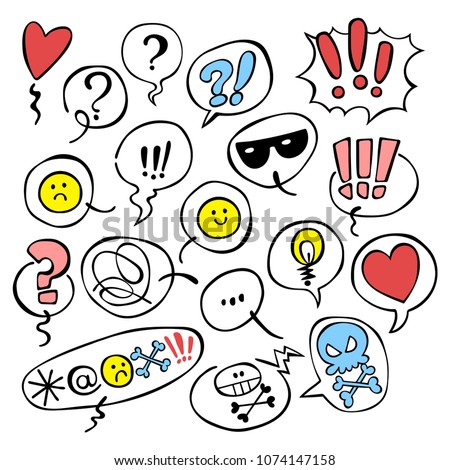 Set. Emotions. Smilies. Question mark. Exclamation point. Dialog cloud. Isolated vector objects on white background.