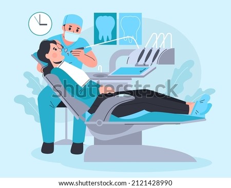 Dental care concept. Healthcare, stomatology clinic, hospital. Dentist doctor, patient tooth cleaning. Dentistry visit infographic. Checkup health teeth. Dental care treatment. Vector illustration. Сток-фото © 