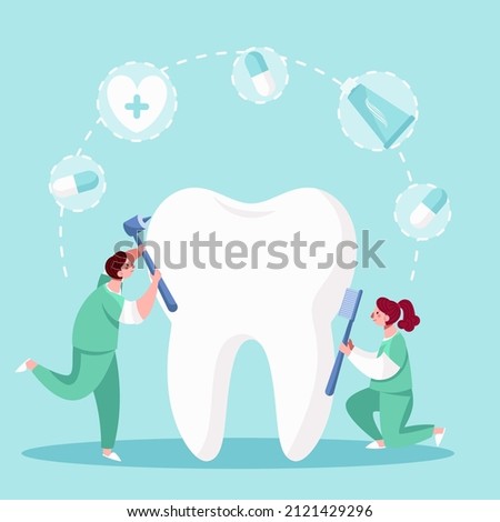 Dental care concept. Healthcare, stomatology clinic, hospital. Dentist doctor, patient tooth cleaning. Dentistry visit infographic. Checkup health teeth. Dental care treatment. Vector illustration. Foto d'archivio © 