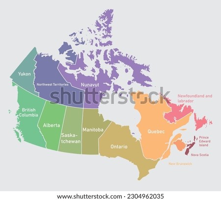 Map of Canada divided into 10 provinces and 3 territories. Administrative regions of Canada. Multicolored map with labels. Vector illustration.