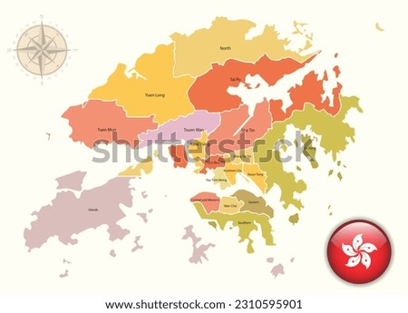 Hong Kong Map with Flag Buttons and Compass wind. Vector illustration.