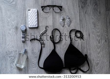 Still life of fashion woman. Overhead of essentials fashion woman objects