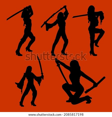 A set of logos illustration of a woman holding a sword