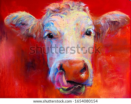 pastel portrait painting. Cow.  Modern art.