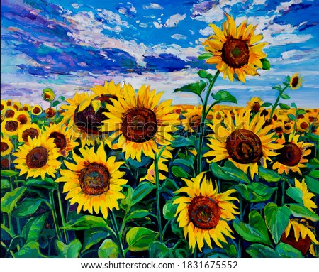 Oil Painting. Landscape with sunflowers. Modern art