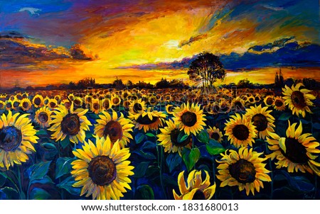 Oil Painting. Sunflower field. Modern art.