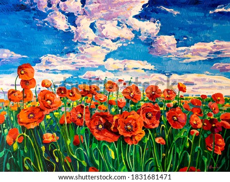 Oil Painting.Red Poppy field. Modern art.