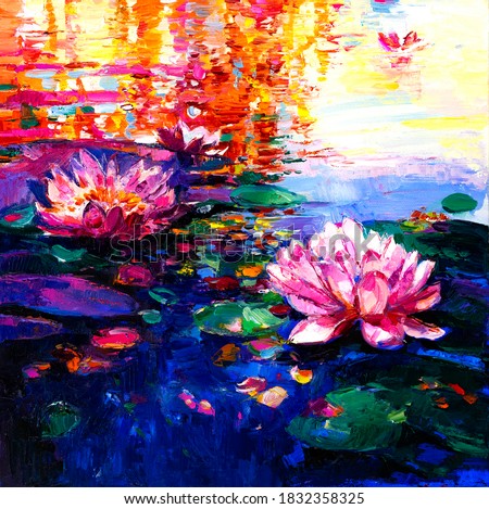 Oil Painting of lilies in the water. Modern art.