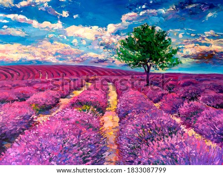 Oil painting. Lavender field painting. Modern art.