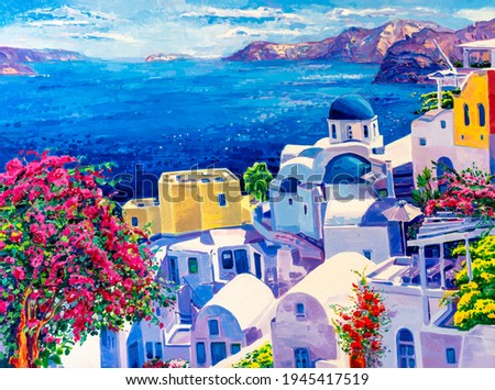 Original oil painting on canvas. Greek scenery, blue sea and white houses.