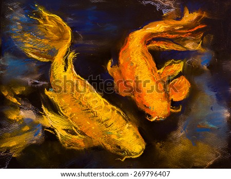 Original pastel painting on cardboard.Beautiful Koi fish. Modern art.