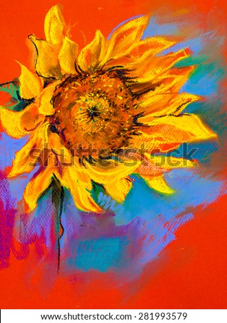 Original pastel painting on cardboard.Modern painting of a sunflower