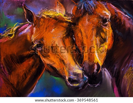 Pastel portrait of a couple horses on a cardboard. Modern art