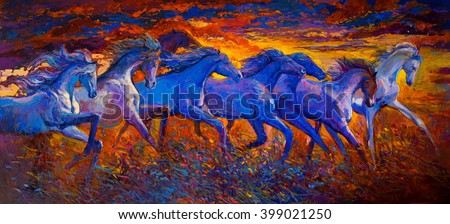 Original oil painting on canvas. Running horses-Modern impressionism