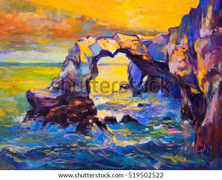 Original abstract oil painting of cliffs and ocean on canvas.Modern Impressionism