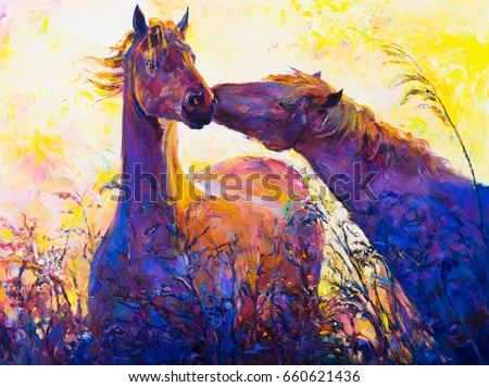 Oil painting on canvas. Horses. Modern art.
