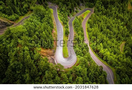 Winding road in the forest, top view. Forest road top view landscape. Road in forest top view panorama. Forest winding road